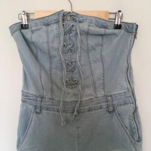 Venus Jeans Sz 6 Blue Denim Overall Light Wash Side Zip Lace Up Front Whisker - Picture 4 of 16